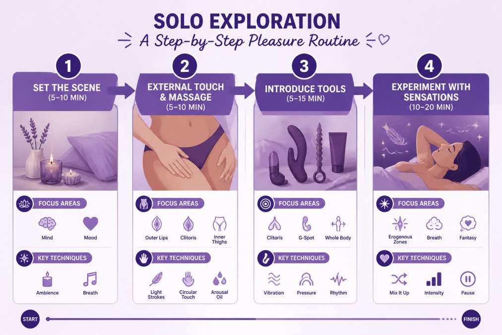 Flowchart showing 4-step progression: Step 1 Set the Scene (5-10 min) → Step 2 External Touch & Massage (5-10 min) → Step 3 Introduce Tools (5-15 min) → Step 4 Experiment with Sensations (10-20 min), with focus areas and key techniques for each phase