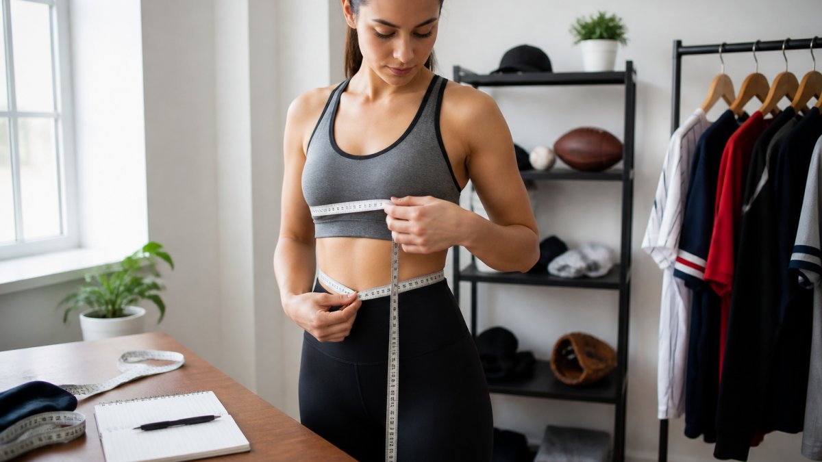 Woman wearing athletic wear demonstrating proper measurement technique with a soft measuring tape around her bust and torso, standing in natural light with arms relaxed