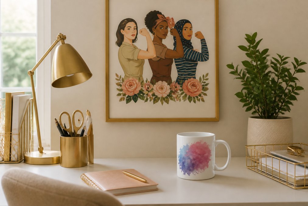 A styled home office desk with gold brass accessories, an inspirational art print on the wall, soft neutral tones, a ceramic mug with a watercolor quote design, and a small potted plant creating a chic, clutter-free workspace