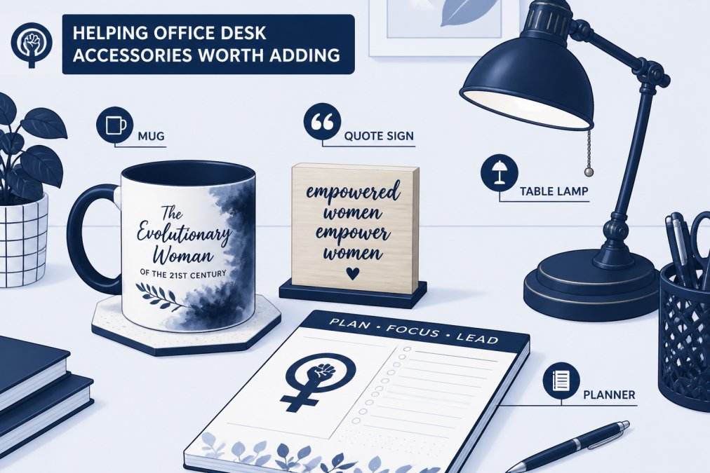 Close-up of a professional woman's desk featuring an inspirational ceramic mug with watercolor art, a small wood quote sign, a feminist planner notepad, and a vintage-inspired table lamp on a tidy minimalist desk surface