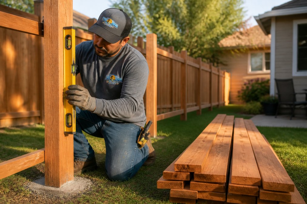 A professional worker using a level to align a post during a wood fence installation in a backyard.