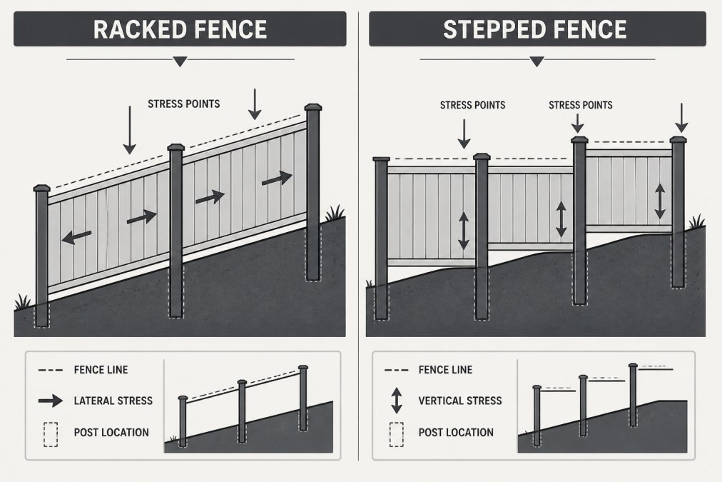 Side-by-side technical diagram showing racked fence with angled panels and stress arrows versus stepped fence with level panels and vertical transitions, labeled with stress points and post locations