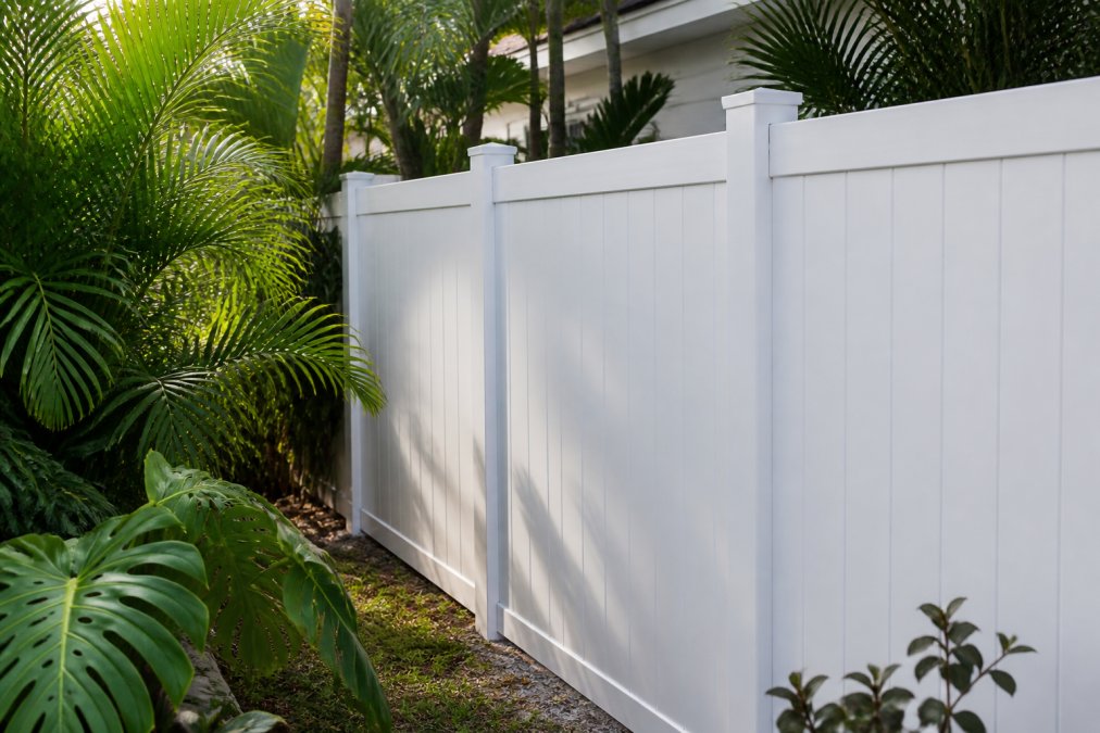 Close-up of a bright white vinyl privacy fence panel installed along a residential property line, with lush tropical vegetation and broad-leafed plants visible on both sides, soft afternoon light filtering through the canopy