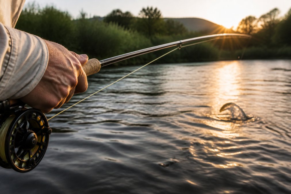 Angler casting a Fenwick Eagle rod with a cork handle on a river at golden hour as a fish rises nearby.