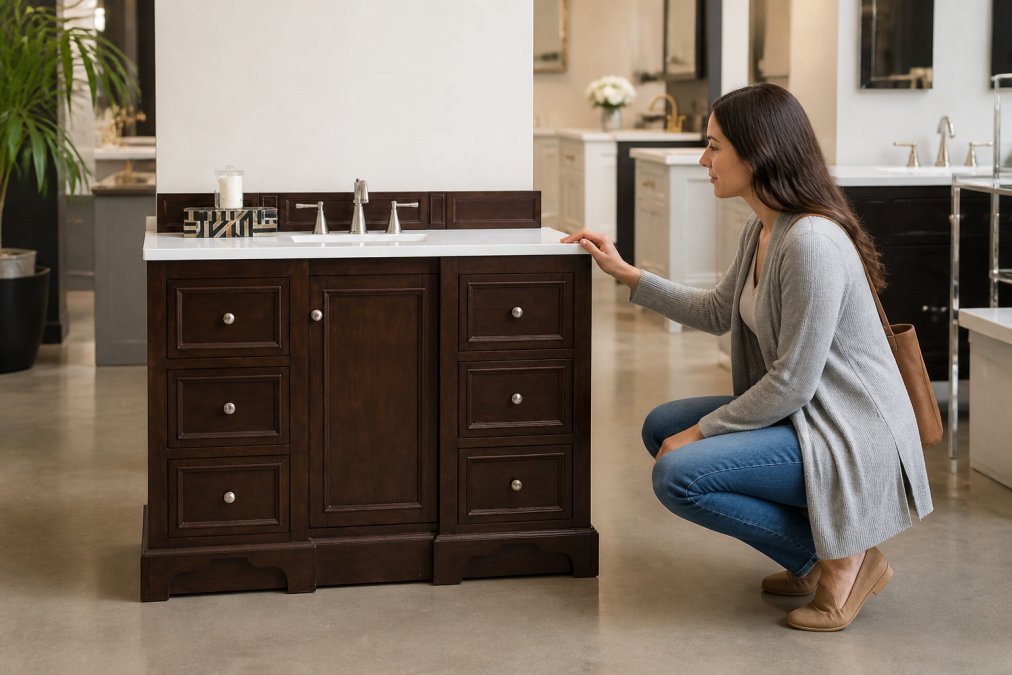Homeowner examining a modern bathroom vanity with ceramic sink and wood cabinetry in a bright, well-lit showroom setting