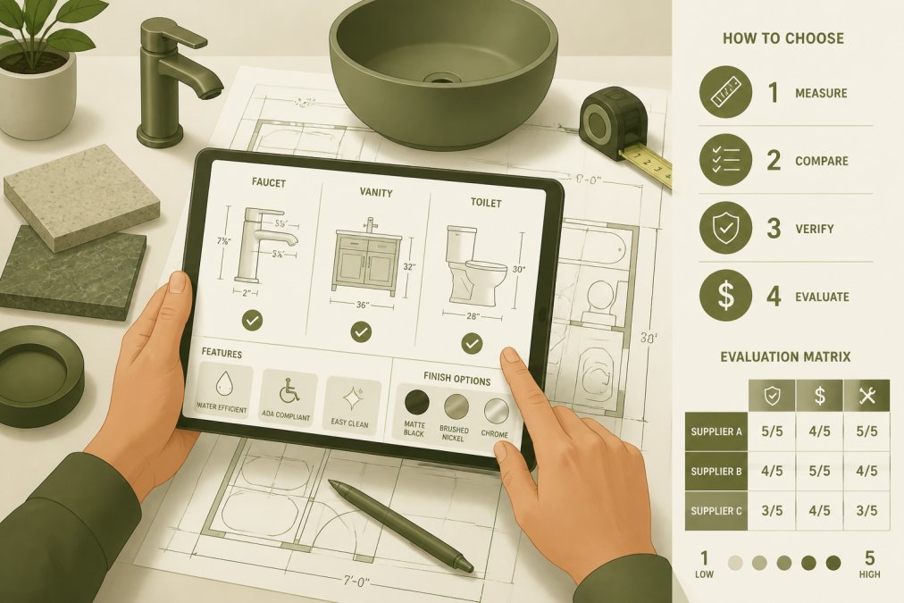 Hands holding a tablet showing bathroom fixture specifications and dimensions while reviewing a bathroom renovation blueprint on a table
