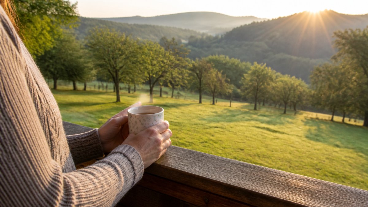 Idyllische Waldlandschaft des Waldviertels mit grünen Wiesen, alten Bäumen und sanften Hügeln an einem sonnigen Morgen, natürliches Licht durchbricht das Blattwerk