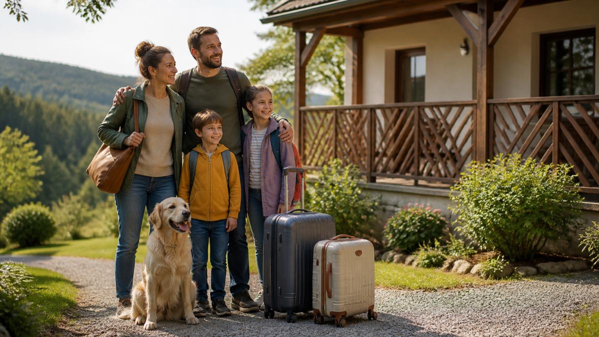 Eine Familie mit zwei Kindern und einem Hund steht vor einer gemütlichen Ferienwohnung im Waldviertel, im Hintergrund sanfte Hügel und Wald, entspannte Urlaubsstimmung