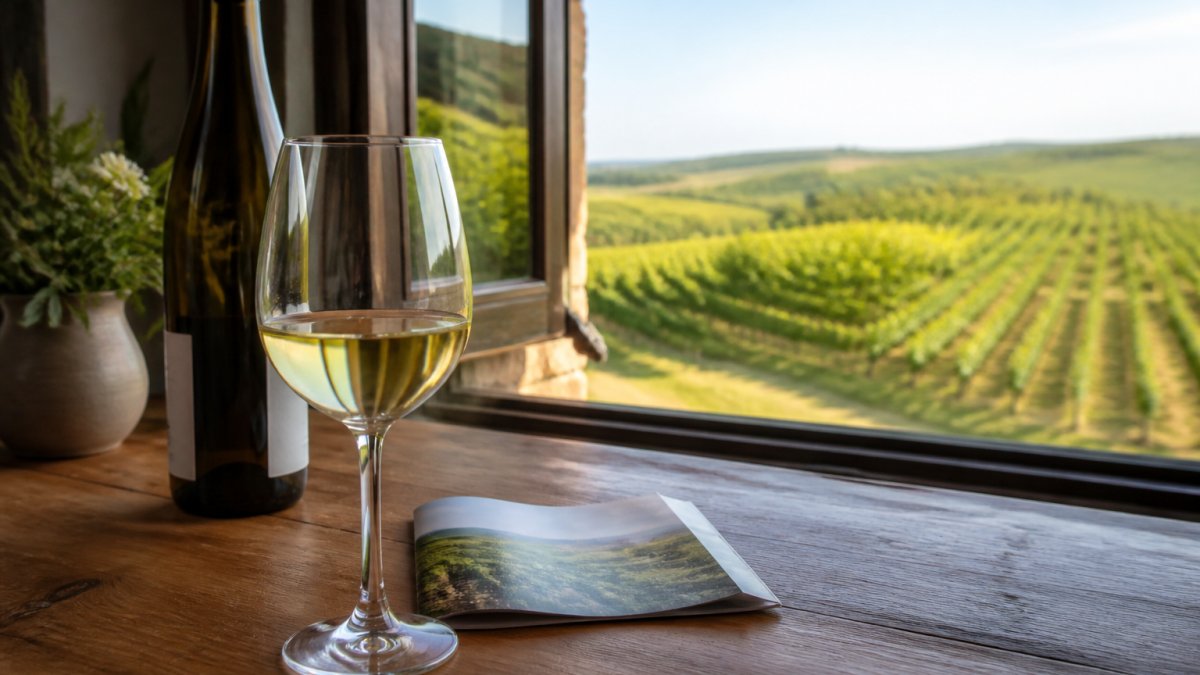 Weinglas mit hellem Weißwein steht auf einem Holztisch vor einem offenen Fenster mit Blick auf grüne Weinbergzeilen im Sonnenlicht, im Hintergrund eine Flasche Riesling und ein gefalteter Prospekt