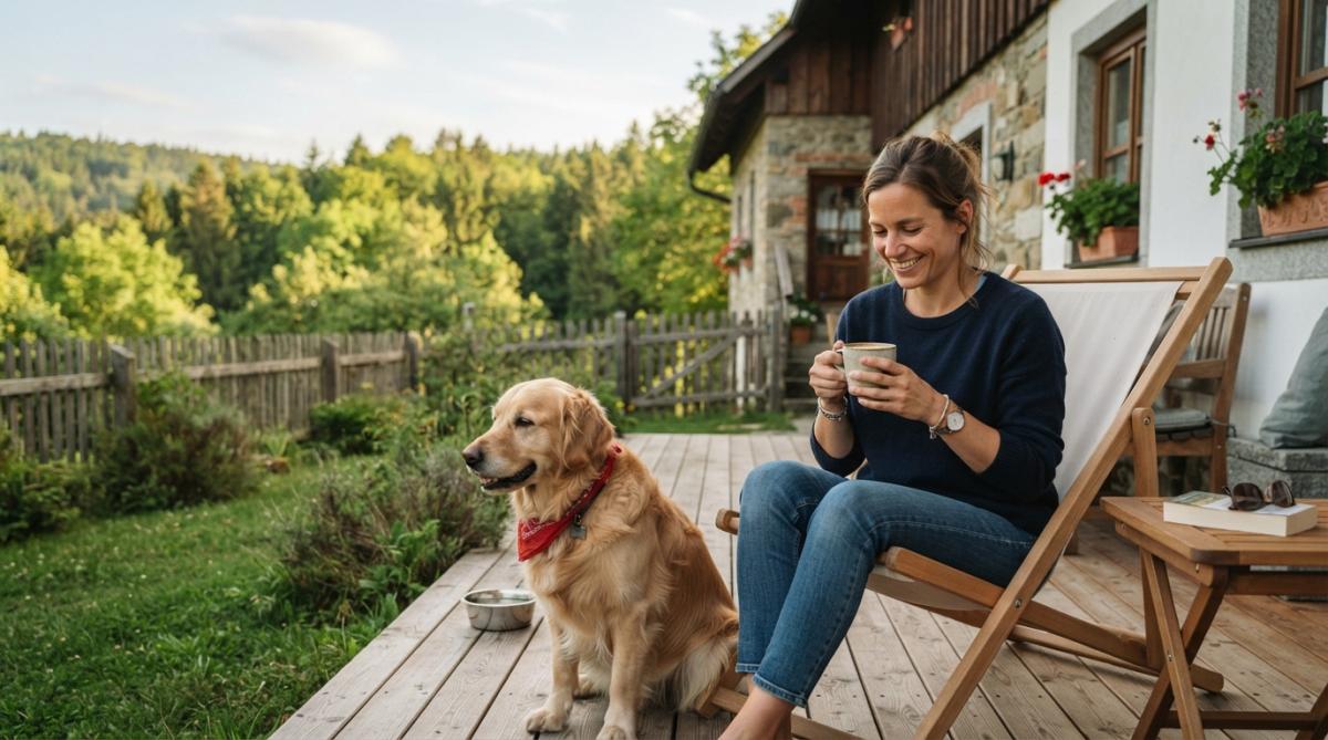 Hund sitzt entspannt auf einer Terrasse einer Ferienwohnung mit Garten, Besitzer sitzt in Liegestuhl mit Kaffee, grüne Waldumgebung im Hintergrund, warmes Tageslicht