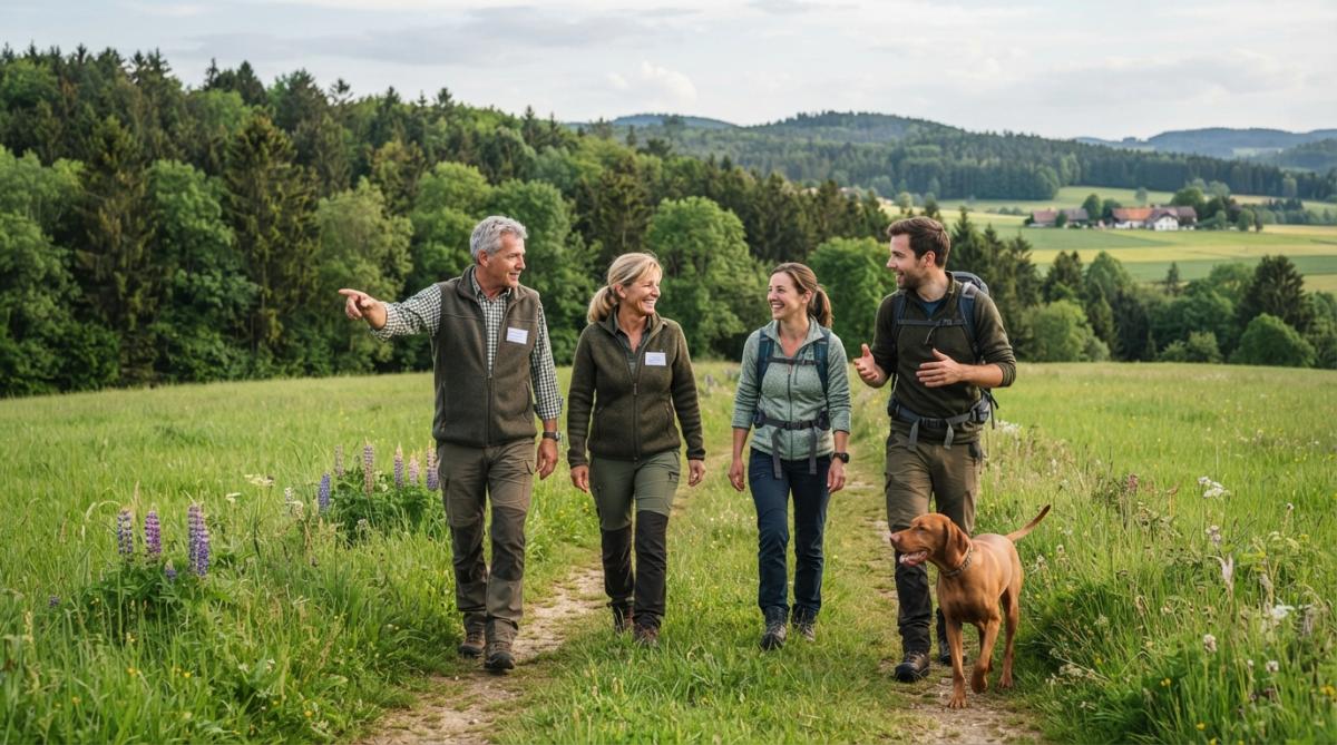 Hostitelé a hosté při společné procházce zelenou krajinou Waldviertelu, s lesem a loukami v pozadí