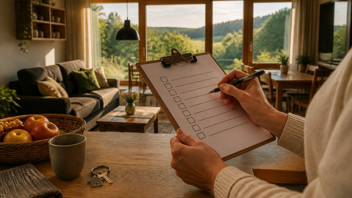 Gemütliches Wohnzimmer einer Ferienwohnung mit Wohnküche, Sofa und Blick auf die umgebende Waldviertel-Natur durch große Fenster