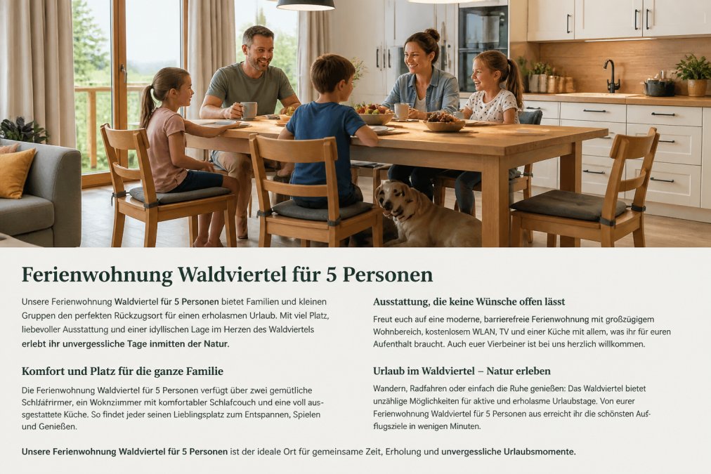 A family with three children is sitting comfortably at the dining table in a bright, modern kitchen-diner, laughing, while a dog lies under the table