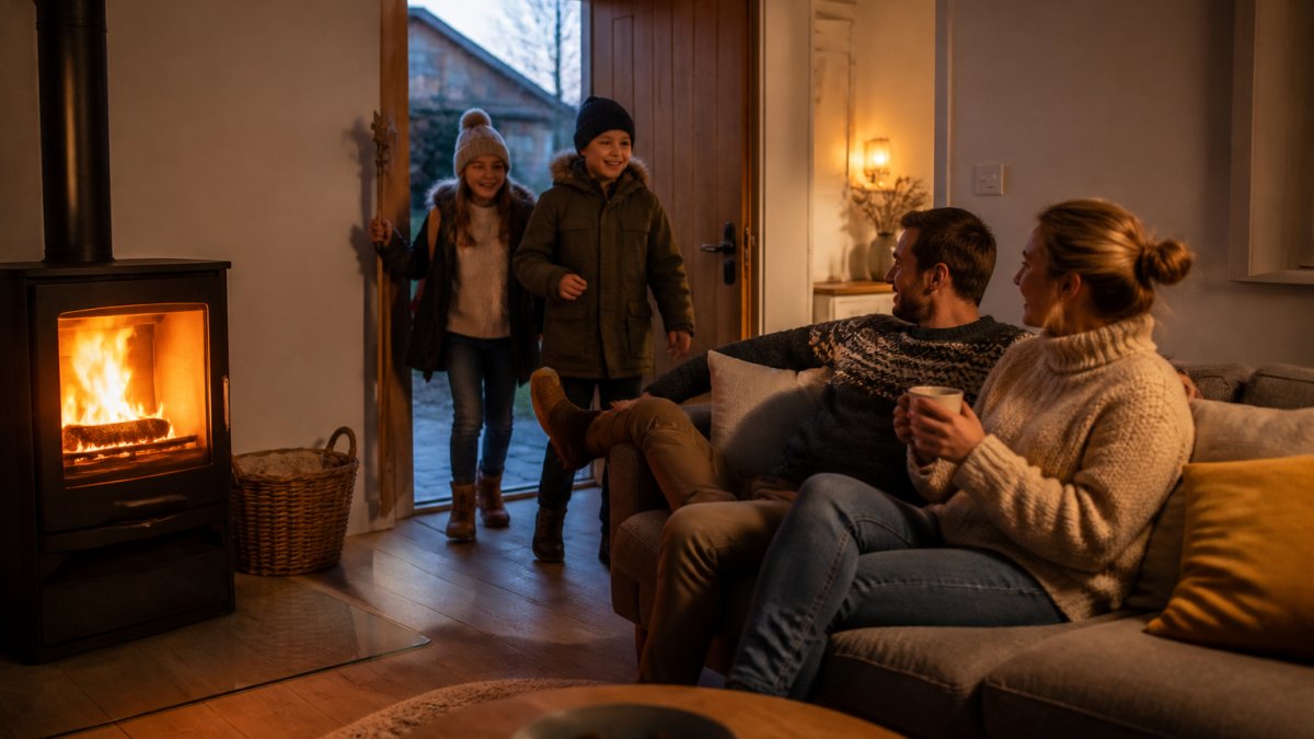 Gemütliches Wohnzimmer einer Ferienwohnung im Winter mit brennendem Kaminofen, warmer Beleuchtung und Gästen, die sich am Feuer entspannen