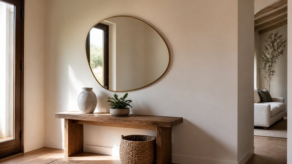 A Ferm Living Pond Mirror in brass finish hung above a wooden console table in a bright entryway, with a ceramic vase and a small plant on the table, natural light reflecting off the mirror's organic shape