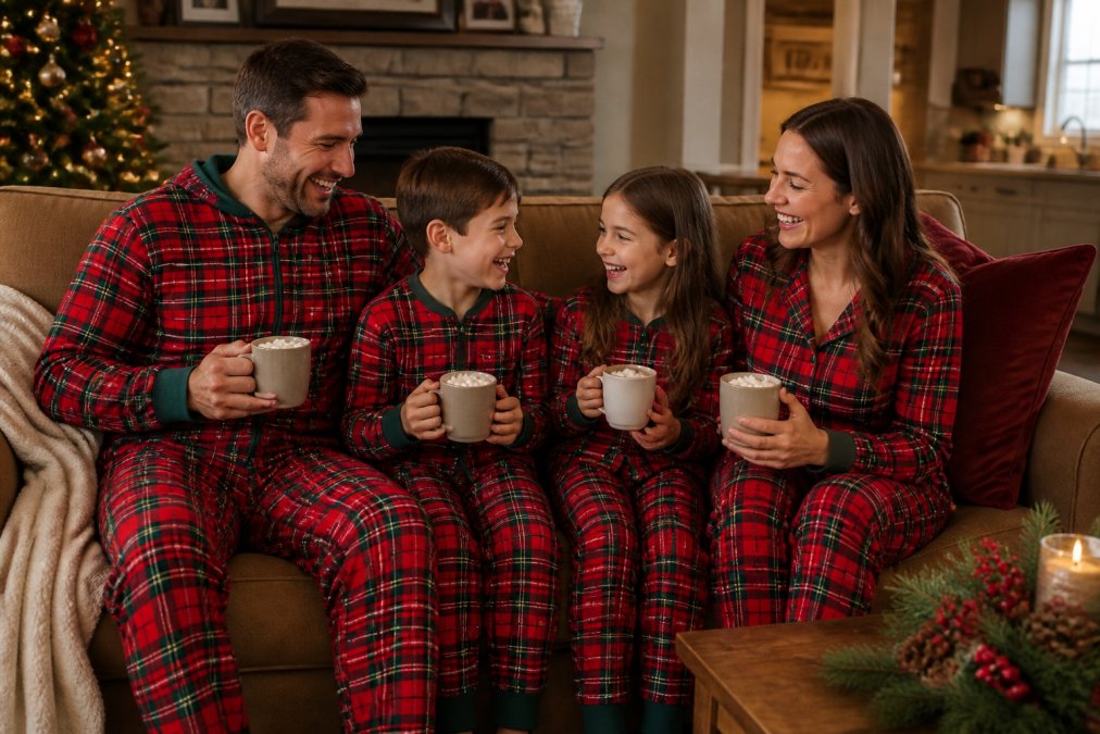 A family of four wearing matching red-and-green plaid onesies and jogger pants, sitting together on a couch in a cozy living room decorated for Christmas, holding mugs of hot cocoa and laughing