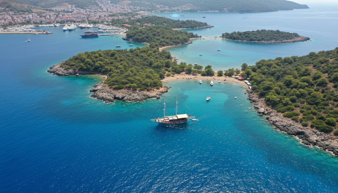 Ahşap bir gulet teknesinin Fethiye açıklarındaki küçük yeşil adalar arasında turkuaz sularda seyrettiği, güneşli bir yaz gününde çekilmiş havadan fotoğraf