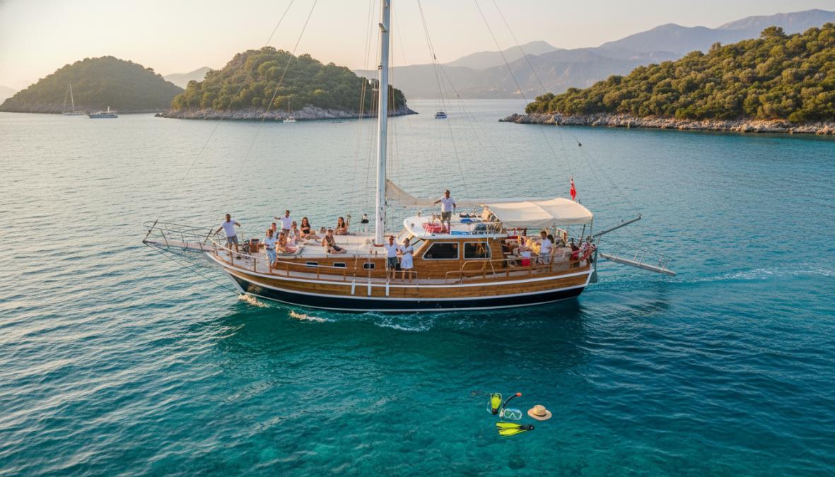 Can yeleği giyen neşeli bir aile, Akdeniz koyunda bir teknenin güvertesinde oturmuş deniz manzarasının tadını çıkarıyor, güneşli bir öğleden sonra