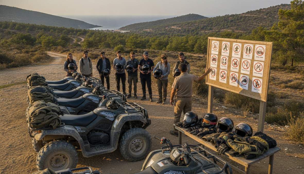 Profesyonel rehber kask, koruyucu eldive ve güvenlik ekipmanıyla donanmış ATV'nin yanında pozisyon alırken gösteriliyor