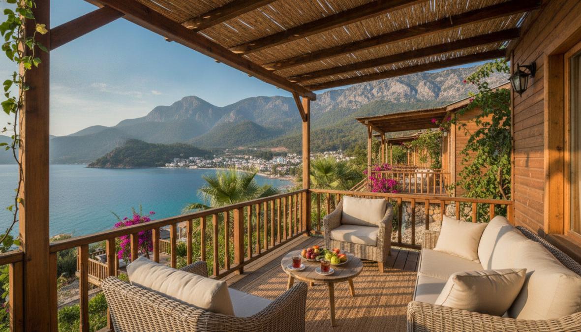 Ağaçlar arasında konumlanmış ahşap bungalov, ahşap terasında rahatlayan çift, dağ ve deniz manzarası, sabah güneş ışığı
