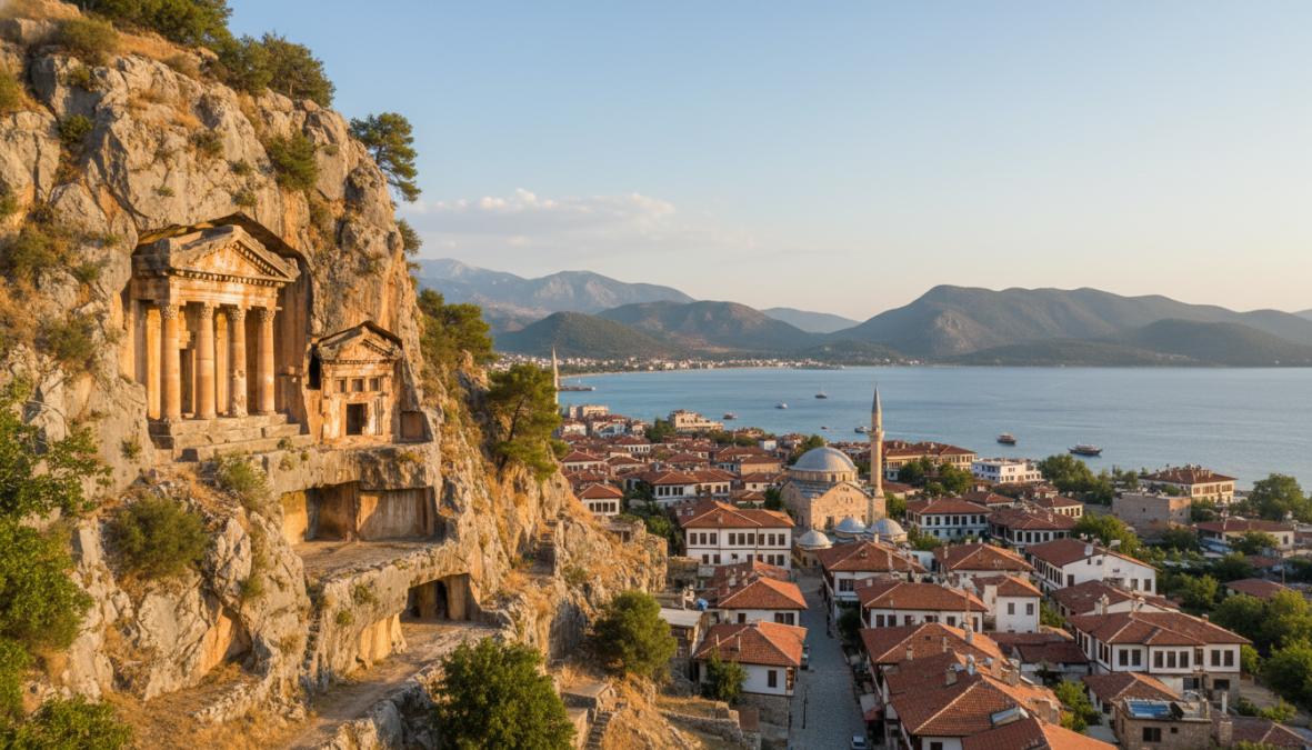 Gün batımında Fethiye çevresi gezilecek tarihi yerler arasında olan Amintas Kaya Mezarları ve körfez manzarası.