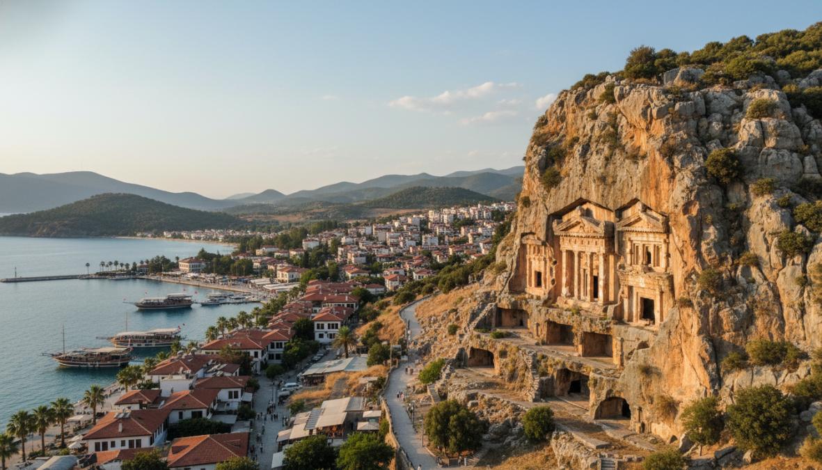 Gün batımında Fethiye çevresi gezilecek tarihi yerler arasında bulunan Amintas Kaya Mezarları ve körfez manzarası.