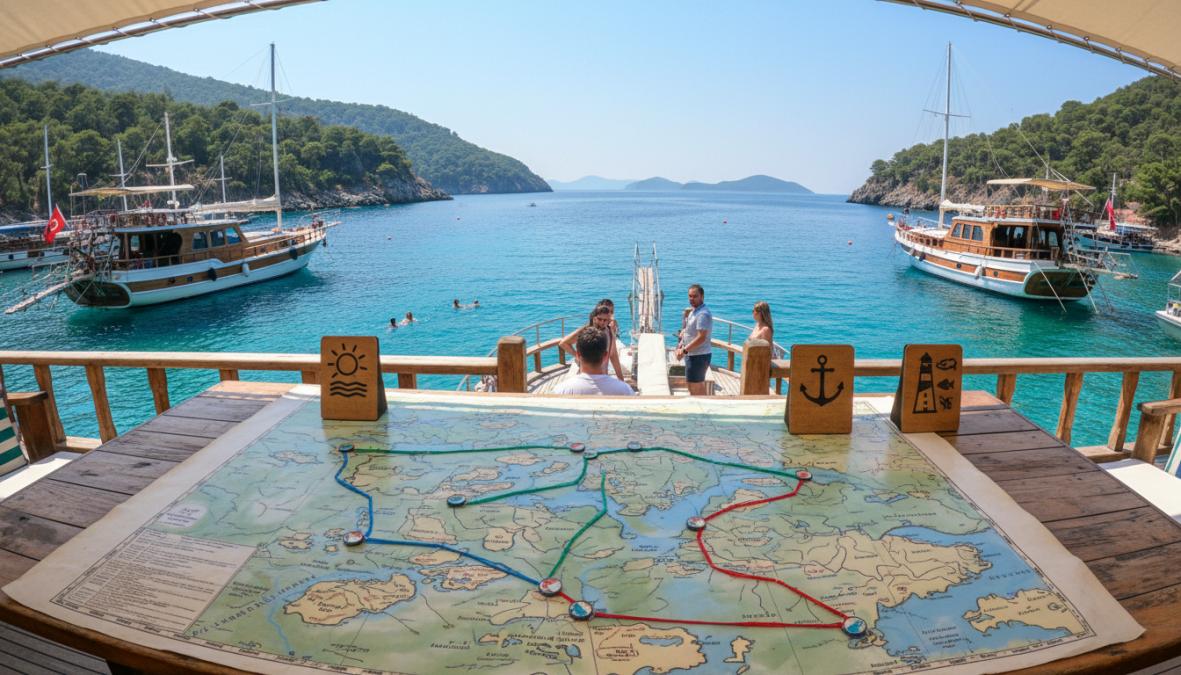 Geleneksel ahşap bir gulet teknesinin Fethiye açıklarında çam ağaçlarıyla kaplı yeşil adalar arasında turkuaz sularda süzüldüğü geniş açılı panoramik fotoğraf, parlak mavi gökyüzü arka planda