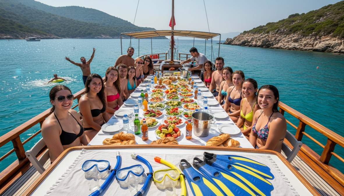 Ahşap bir teknenin güvertesinde sakin bir turkuaz koyda demirlenmiş halde, mutlu turistlerin barbecue öğle yemeği yerken güldüğü ve yanlarında şnorkel ekipmanlarının görüldüğü güneşli bir sahne