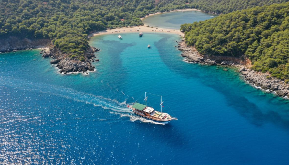 Fethiye gizli koylar tekne gezisi sırasında turkuaz sularda ilerleyen ahşap gulet ve çam ağaçlarıyla kaplı gizli koylar.