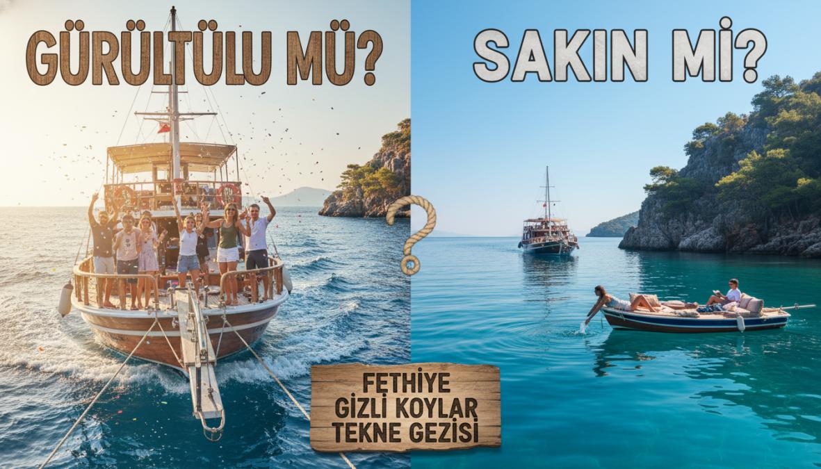 Fethiye gizli koylar tekne gezisi için hareketli bir parti teknesi ile sakin bir koyda demirlemiş özel yatın karşılaştırması