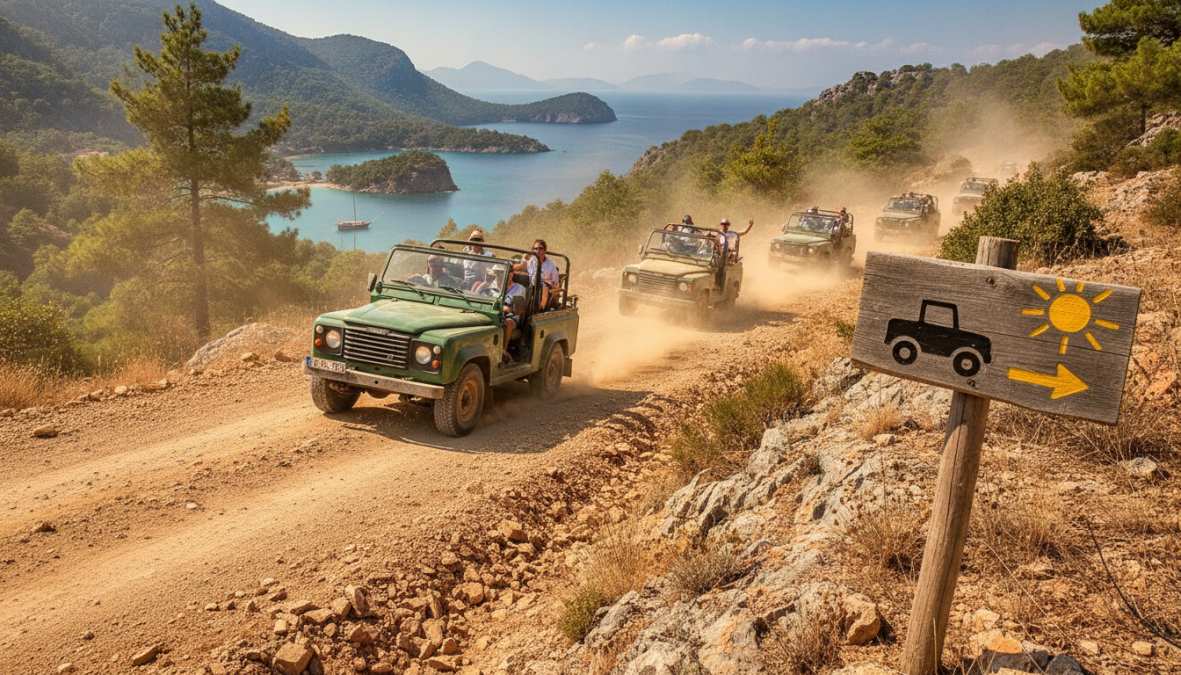 A convoy of open-top 4x4 jeeps driving through a dusty mountain road surrounded by dense pine forests in Fethiye, Turkey, with excited passengers holding on and smiling under bright summer sunlight