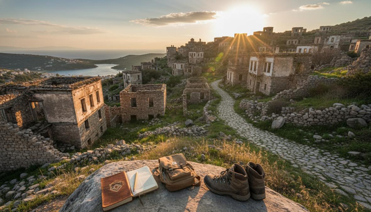 Fethiye günübirlik kültürel gezi rotaları kapsamında Kayaköy'ün taş evleri ve yıkık kilise duvarlarının panoramik görünümü
