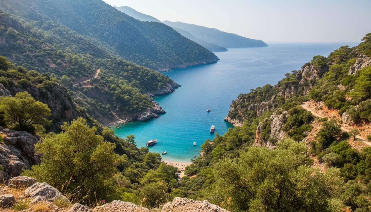 Fethiye günübirlik kültürel gezi rotaları içerisinde Kelebekler Vadisi'nin turkuaz koyuna bakan dik kayalıklar ve orman.