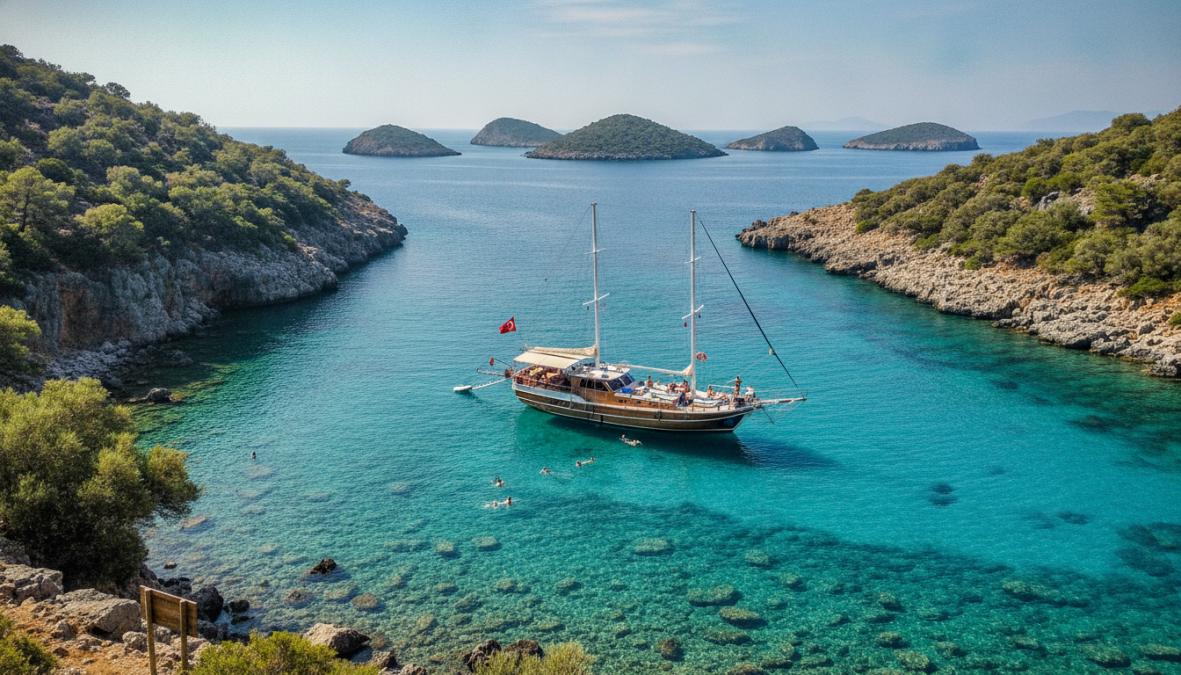 Fethiye'nin turkuaz sularında gizli koylar arasında yelken açan bir tekne ve güneşli bir gün, tekne turu tavsiyeleri için ...