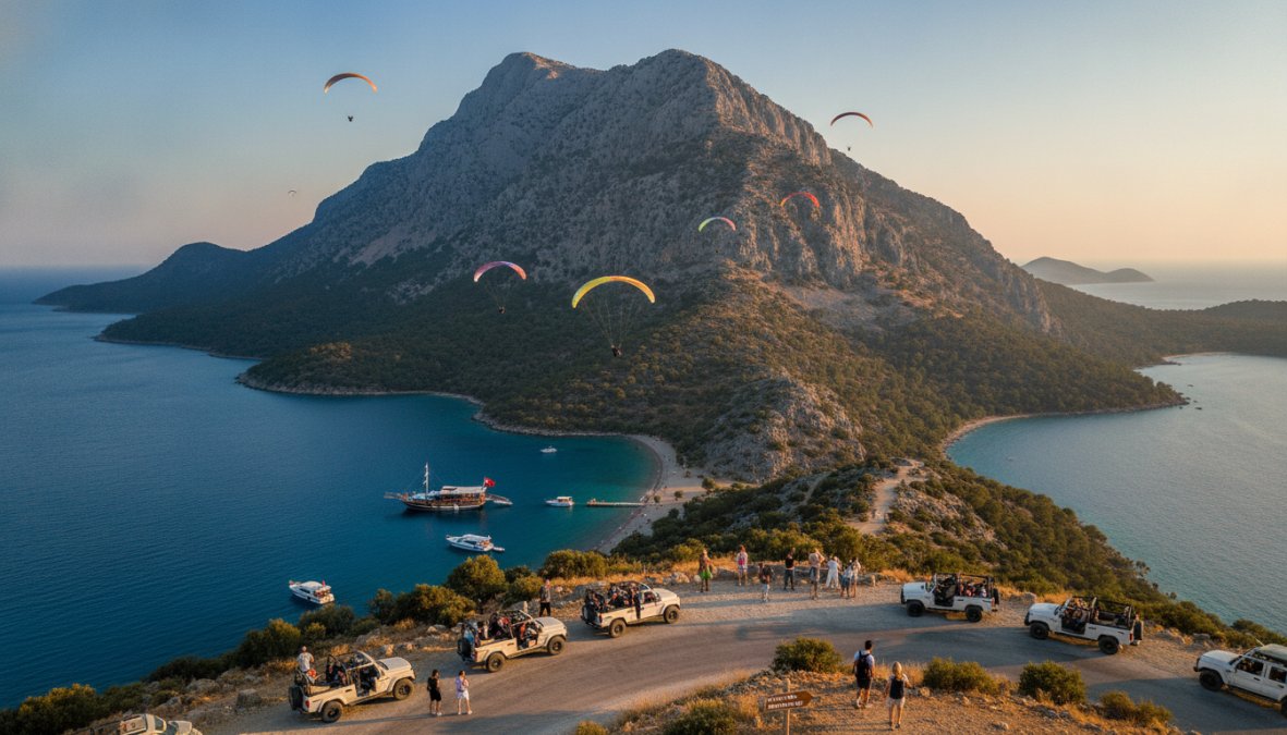 Ölüdeniz'in turkuaz denizi ve Babadağ'dan paraşütle açılış yapan paraglider, gün batımı ışığında