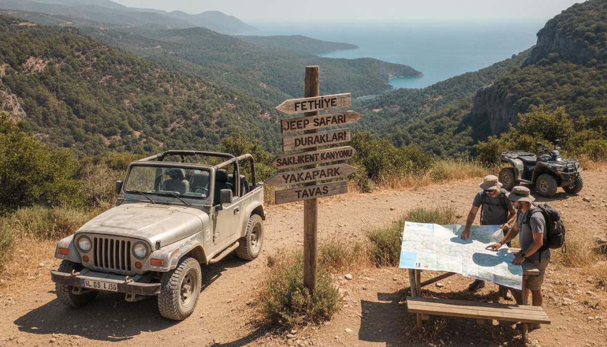 Fethiye'de üstü açık jeep araçlarından oluşan konvoy, dağlık ve çam ormanlı arazide ilerliyor; güneşli bir yaz sabahı, araçlarda neşeli turist grupları