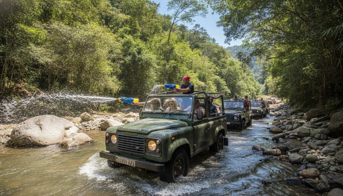Jeep safari katılımcılarının renkli su tabancalarıyla eğlenerek birbirlerine su fırlatırken, kanyon sularında ıslak olarak oynadıkları canlı sahne, güneşli bir gün ortamında