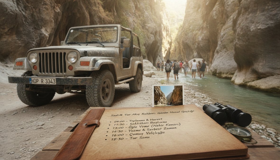 Jeep konvoyunun dağlık arazide ilerlemesi, 4x4 araçlardan turistlerin Saklıkent kanyonunun manzarasını izlediği sahne, sabah güneşinin kayalara vurması