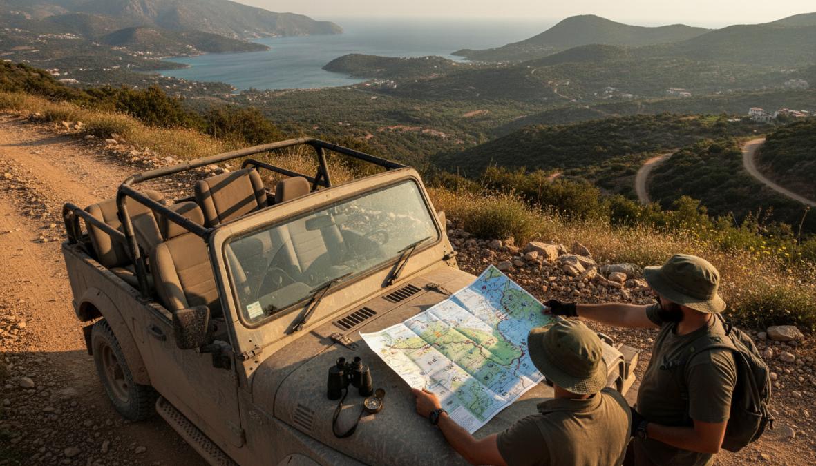 Dağlık arazide off-road yolda ilerleyen jeep konvoyu, maceraperest turistler araçta oturmuş gülümsüyor, arka planda Fethiye'nin yeşil çam ormanları ve kayalık zirveler, parlak yaz güneşi altında
