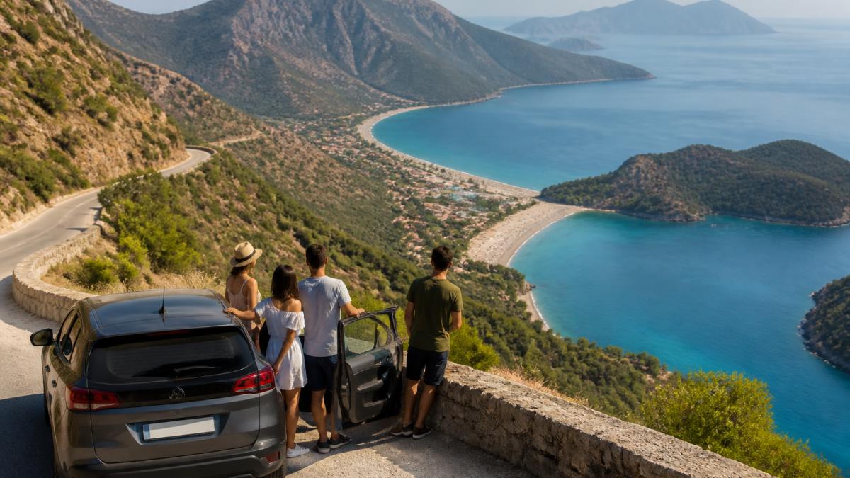 Dağlık yoldan Fethiye koylarının mavi denizi görünümü, özel araçla seyahat eden turist grubu, arka planda Ölüdeniz ve kıyı manzarası
