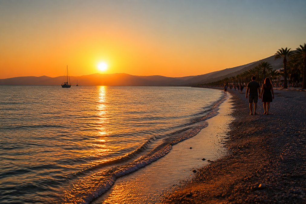 Fethiye Çalış Plajı'nda deniz üzerinde batan güneşin altın rengi yansımaları, sahilde yürüyen insanlar ve uzakta süzülen tekneler