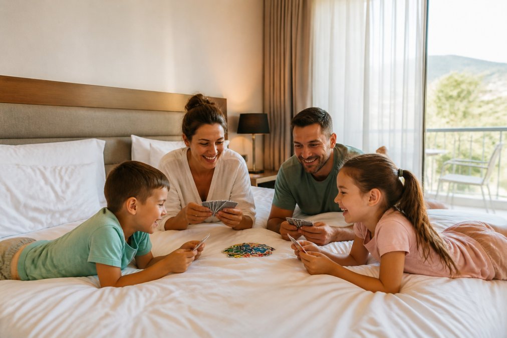 Çocuklu bir ailenin otel odasında birlikte oyun oynadığı, çocukların gülümsediği, modern ve temiz bir ortamda ışık alan oda