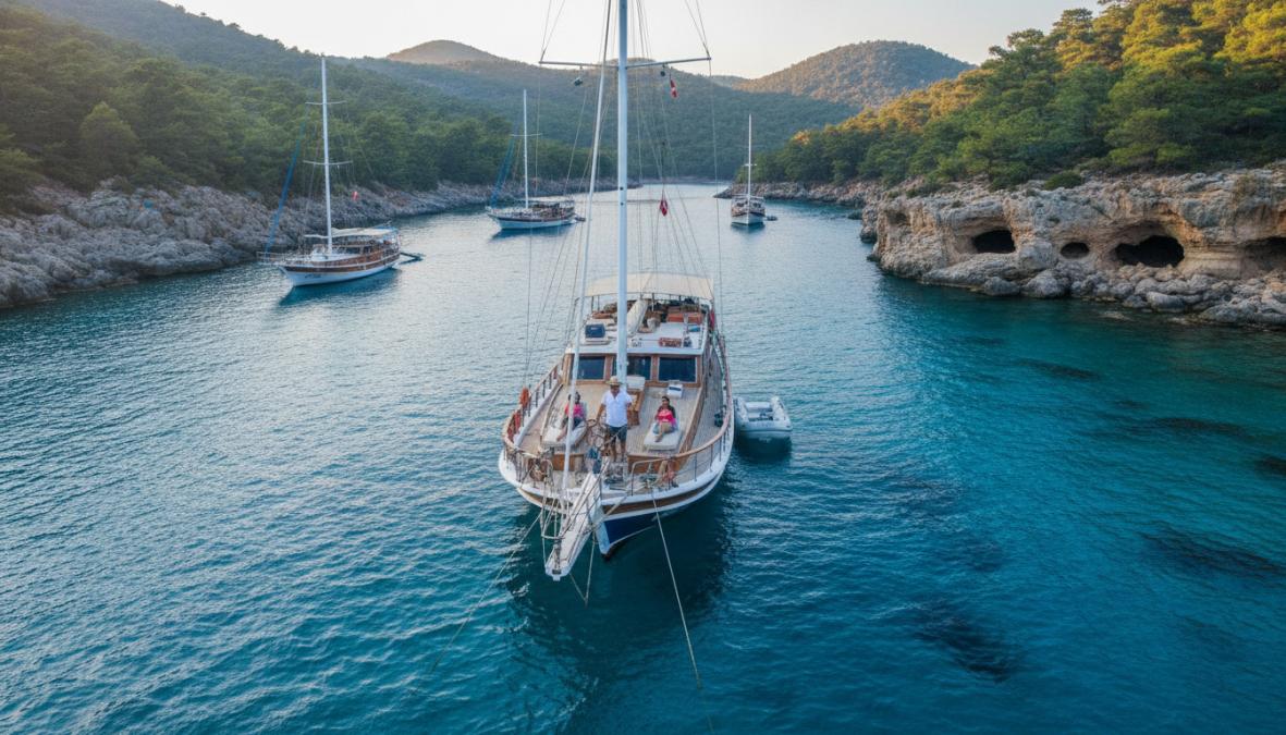 Fethiye Ölüdeniz açıklarında turkuaz sularda seyir yapan kaptanlı tekne kiralama hizmetiyle kiralanmış ahşap gulet teknesi.