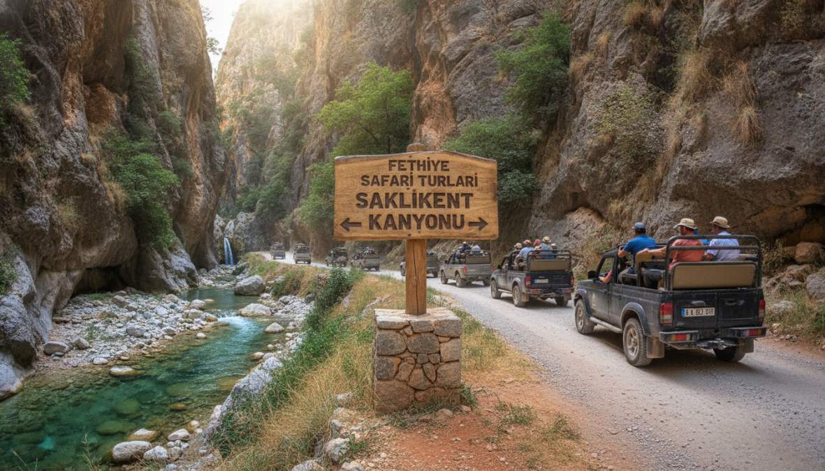 Fethiye'nin Saklıkent Kanyonu'nda jeep, at ve teknelerin birlikte görüldüğü geniş açılı bir sahne, turkuaz su ve kırmızı kayaların etkili görüldüğü gün ışığında
