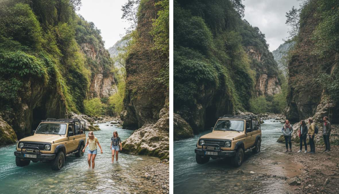 Jeep safari aracında turist grubu, Saklıkent Kanyonu arka planında, güneşli ilkbahar gününde yeşil dağ manzarası ve açık mavi gökyüzü