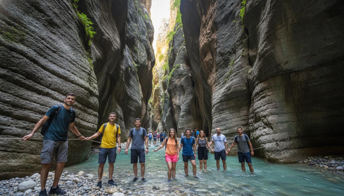 Turistler Saklıkent Kanyonunda berrak, turkuaz rengindeki su içinde yürüyüş yapıyor, dik kaya duvarları her iki tarafta yükselerek dar bir geçit oluşturuyor, güneş ışığı kanyonun tabanına sızıyor