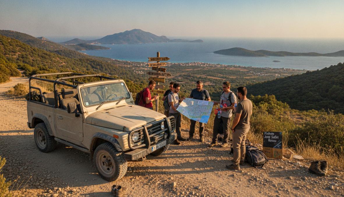 Açık kasalı sarı ve kırmızı 4x4 jeeplerin dağlık Fethiye arazisinde toprak yolda ilerlerken, güneşli bir günde şapkalı ve gözlüklü turist grubunun araçtan dışarı baktığı renkli bir off-road sahnesi
