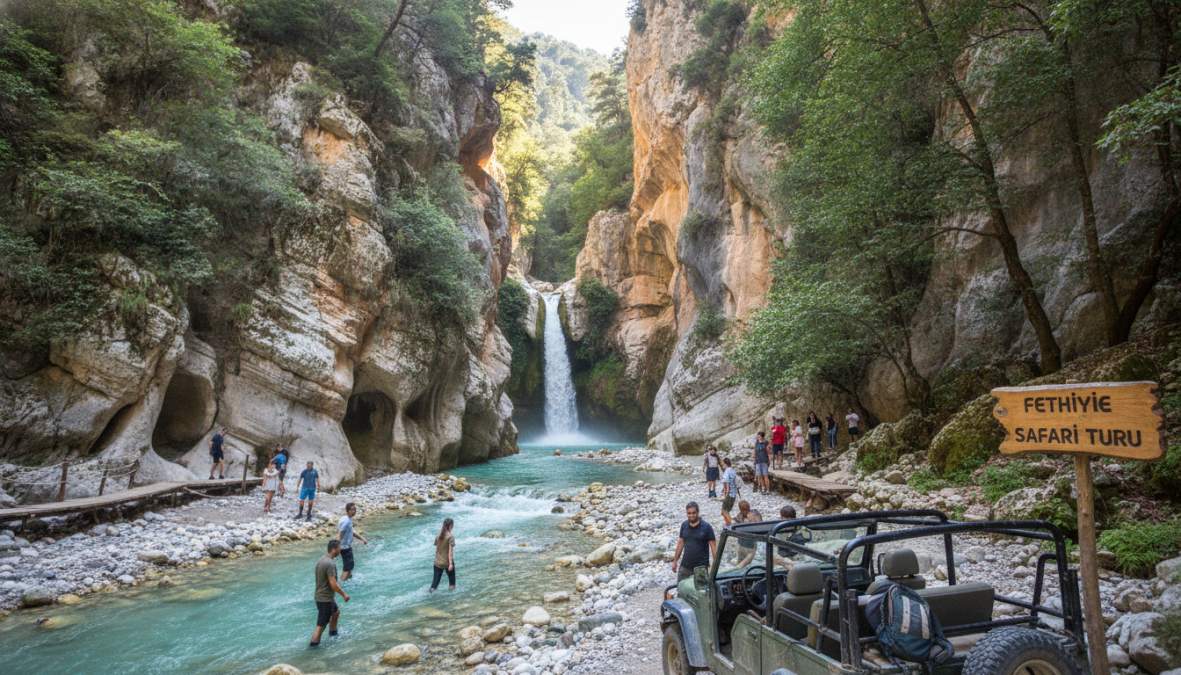 Genç bir turist grubu Saklıkent Kanyonu'nun buz gibi sularında birbirlerine su sıçratırken, arka planda dev kayalık kanyon duvarları ve serin gölge, herkeste ıslak kıyafetler ve renkli deniz ayakkabıları görülüyor