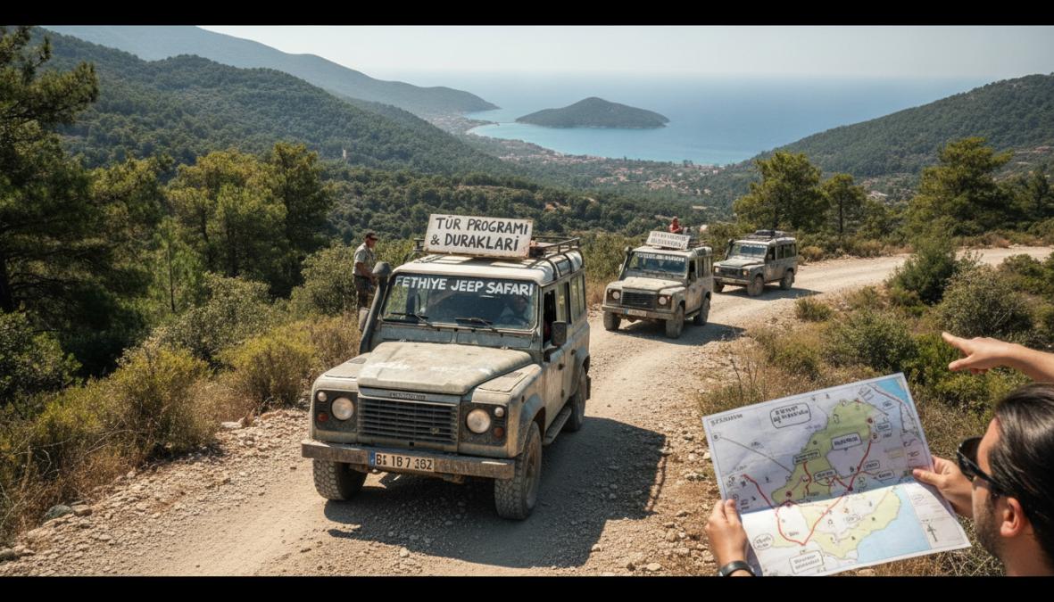 Dağlık arazi yolunda ilerleyen 4x4 Land Rover jeep konvoyu, çam ormanları ve kayalık uçurumlarla çevrili Fethiye kanyonunda heyecanlı yolcularla dolu araçlar, doğal gün ışığı altında
