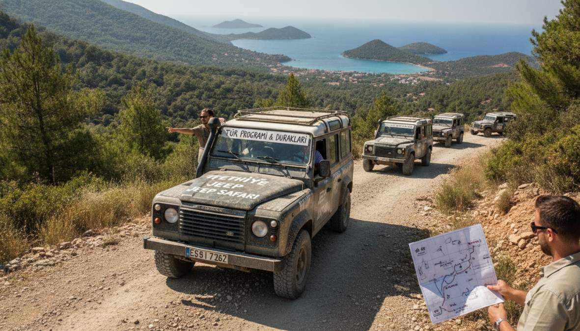 Doğa rehberinin güvenlik talimatlarını açıkladığı, su ayakkabısı ve hafif yazlık kıyafetler giyen turist grubunun jeep yanında hazırlık yaptığı, güneşli açık hava ortamında çekilmiş fotoğraf
